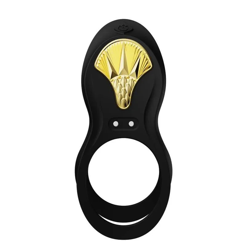 Anneau pénien vibrant noir en silicone avec détails dorés, ergonomique, modes de vibration, stimulation clitoridienne.