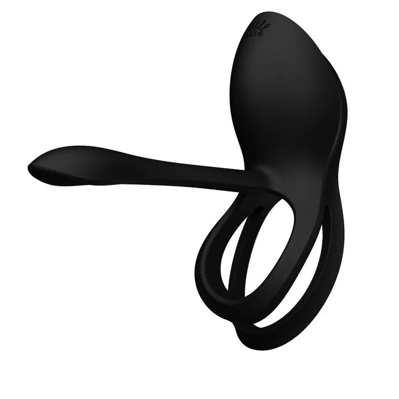 Anneau pénien vibrant noir en silicone ergonomique avec double stimulation clitoridienne et scrotale, rechargeable USB.