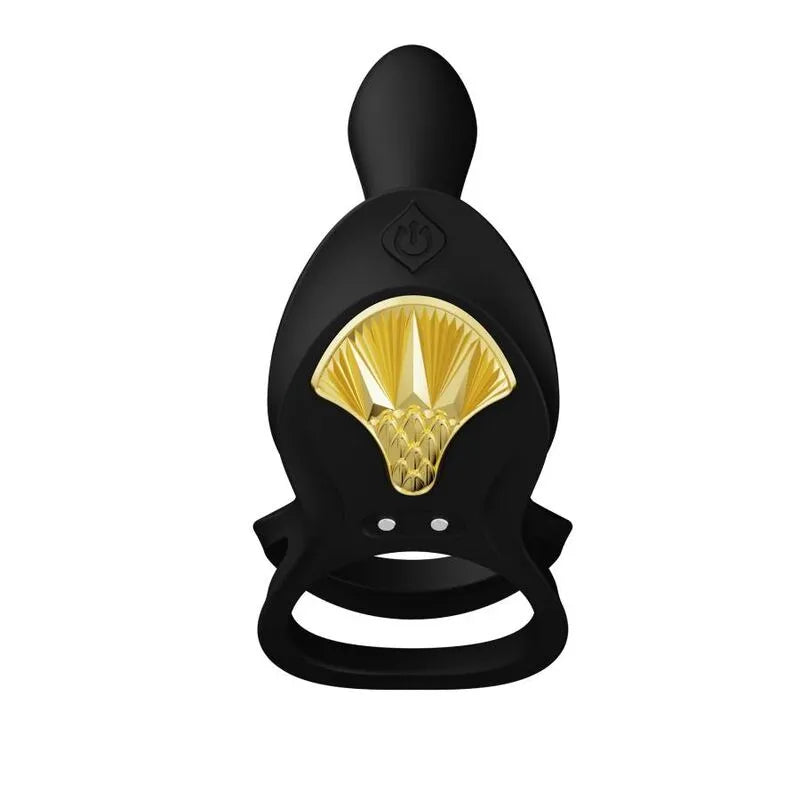 Anneau pénien vibrant noir en silicone avec détails dorés, ergonomique, modes de vibration multiples, télécommande incluse.