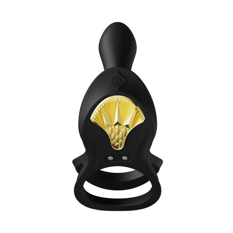 Anneau pénien vibrant noir en silicone, design ergonomique, détails dorés, stimulation clitoridienne et scrotale.