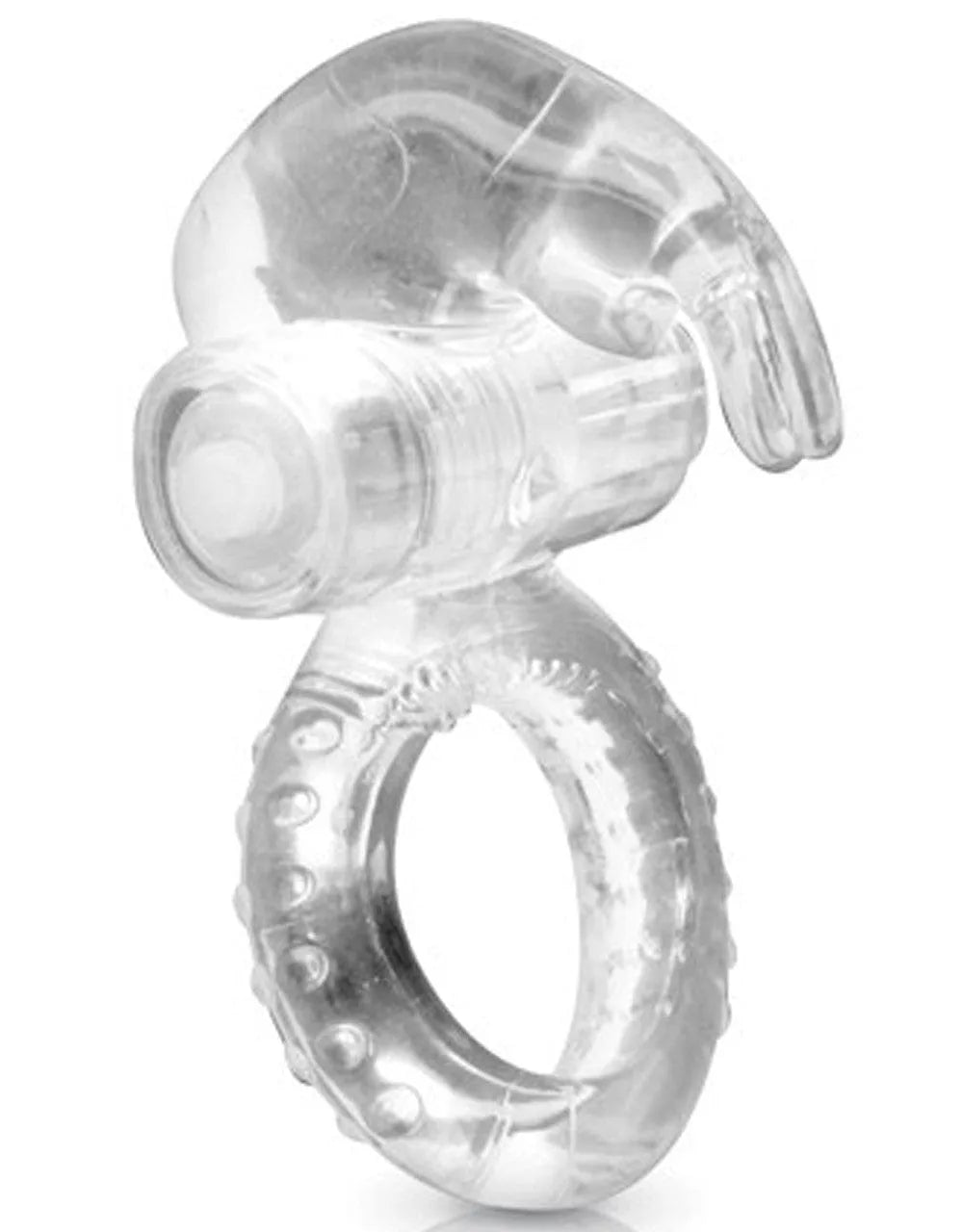 Anneau vibrant transparent en silicone avec ergots clitoridiens, étanche, ajustable, sans phtalates, piles incluses.
