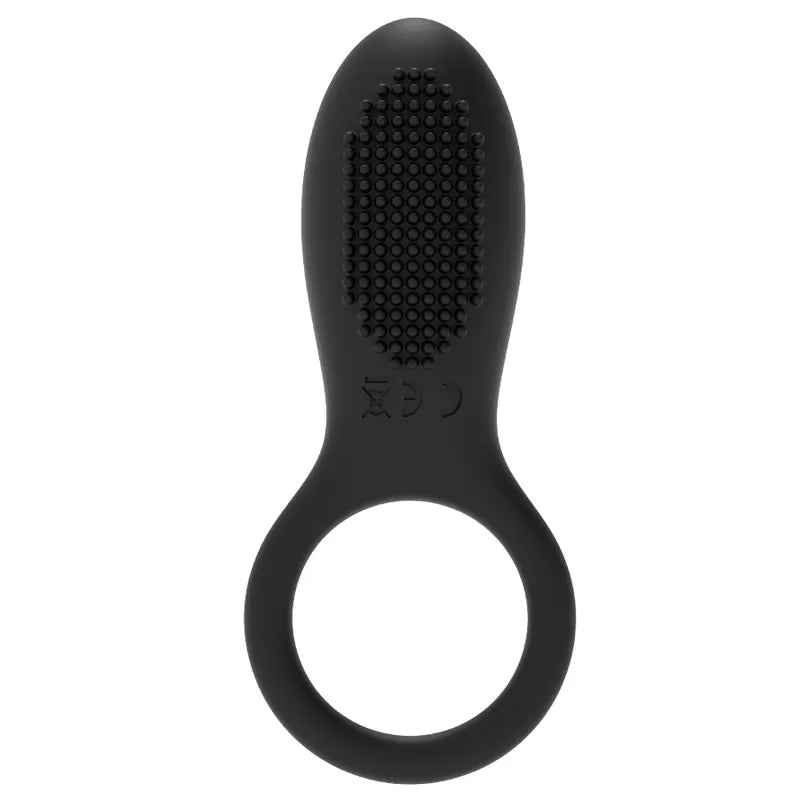 Anneau vibrant noir en silicone doux avec texture, télécommande, dix modes de vibration, submersible, ergonomique.