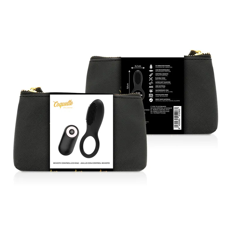 Anneau vibrant noir en silicone avec télécommande, 10 modes, rechargeable, submersible, dans un étui élégant.