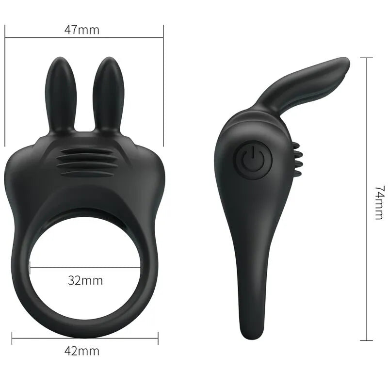 Anneau vibrant noir en silicone, forme ergonomique, stimulation clitoridienne, dimensions 47x42mm, design innovant.