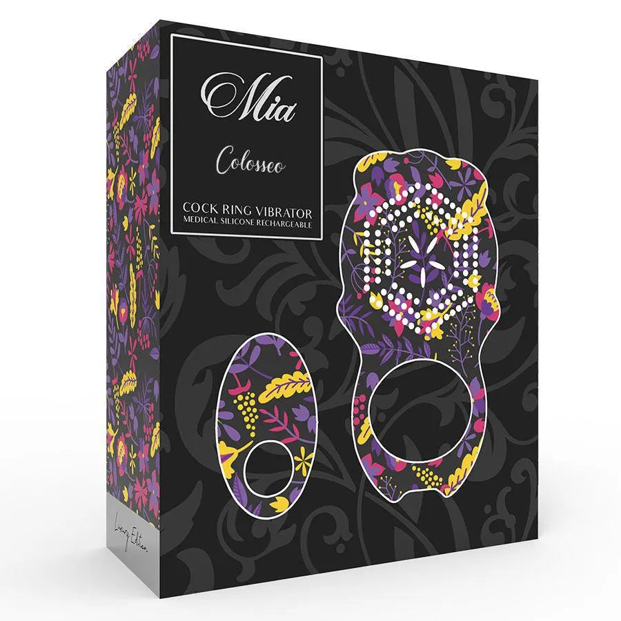 Anneau pénien vibrant en silicone médical, noir avec motifs colorés, télécommande incluse, emballage élégant.