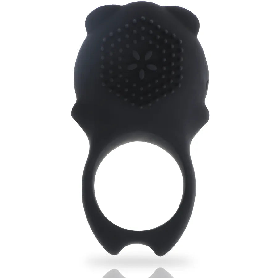 Anneau pénien vibrant noir en silicone médical, design ergonomique, stimulation clitoridienne et périnéale, télécommande.