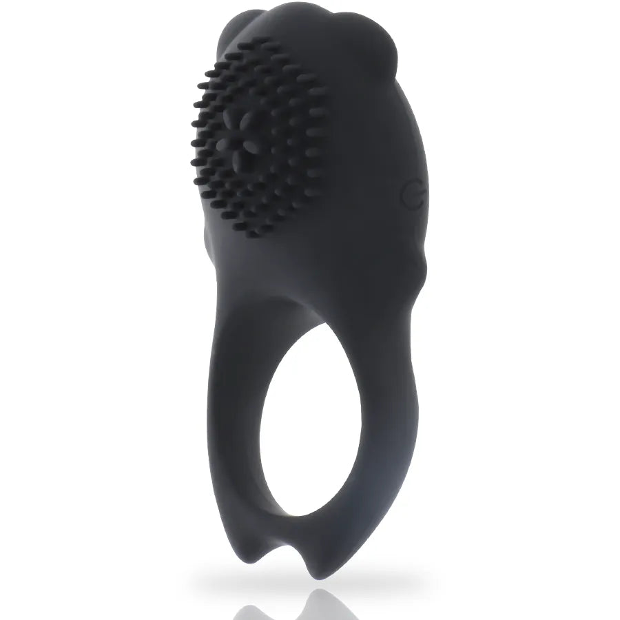 Anneau pénien vibrant noir en silicone médical, double moteur, stimulation clitoridienne et périnéale, télécommande incluse.