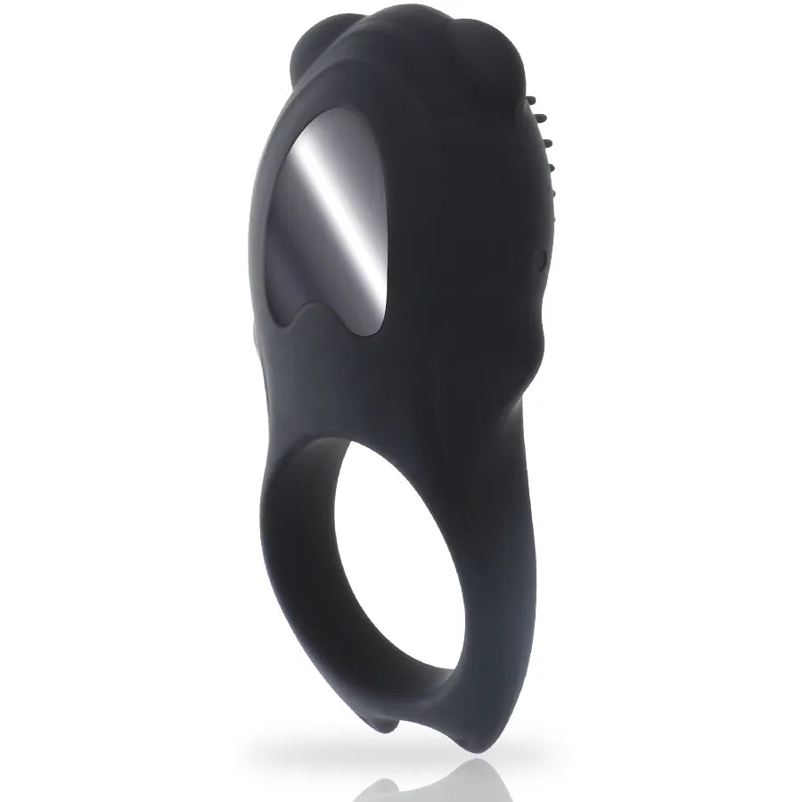 Anneau pénien vibrant noir en silicone médical avec télécommande, double moteur pour stimulation clitoridienne et périnéale.