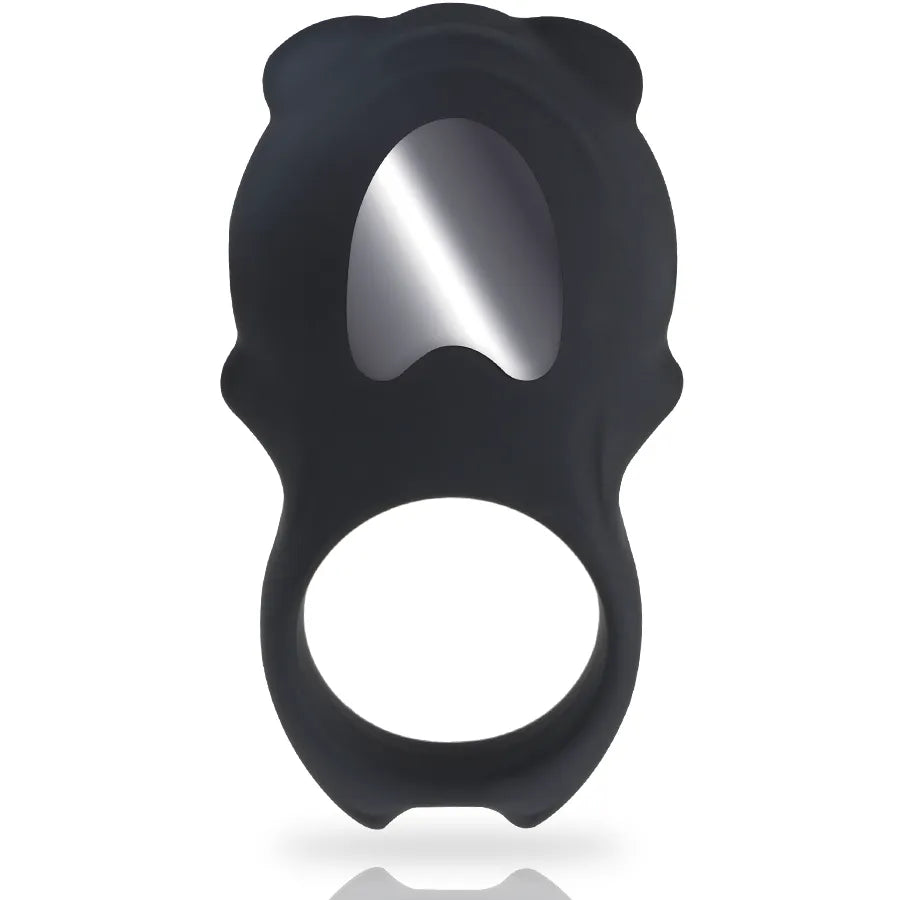 Anneau pénien vibrant noir en silicone médical, double moteur, télécommande, stimulation clitoridienne et périnéale.
