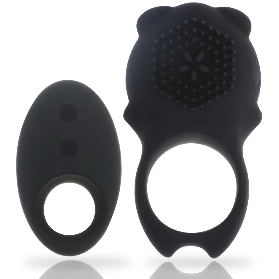 Anneau pénien vibrant noir en silicone médical avec télécommande, double moteur pour stimulation clitoridienne et périnéale.