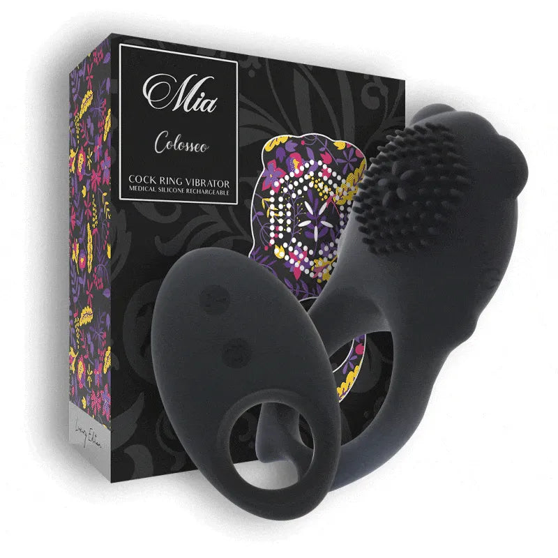 Anneau pénien vibrant noir en silicone médical avec double moteur, télécommande, boîte colorée en arrière-plan.