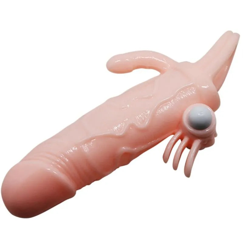 Anneau pénien vibrant chair texturé avec stimulateur anal intégré et boules vibrantes, silicone, étanche et ergonomique.