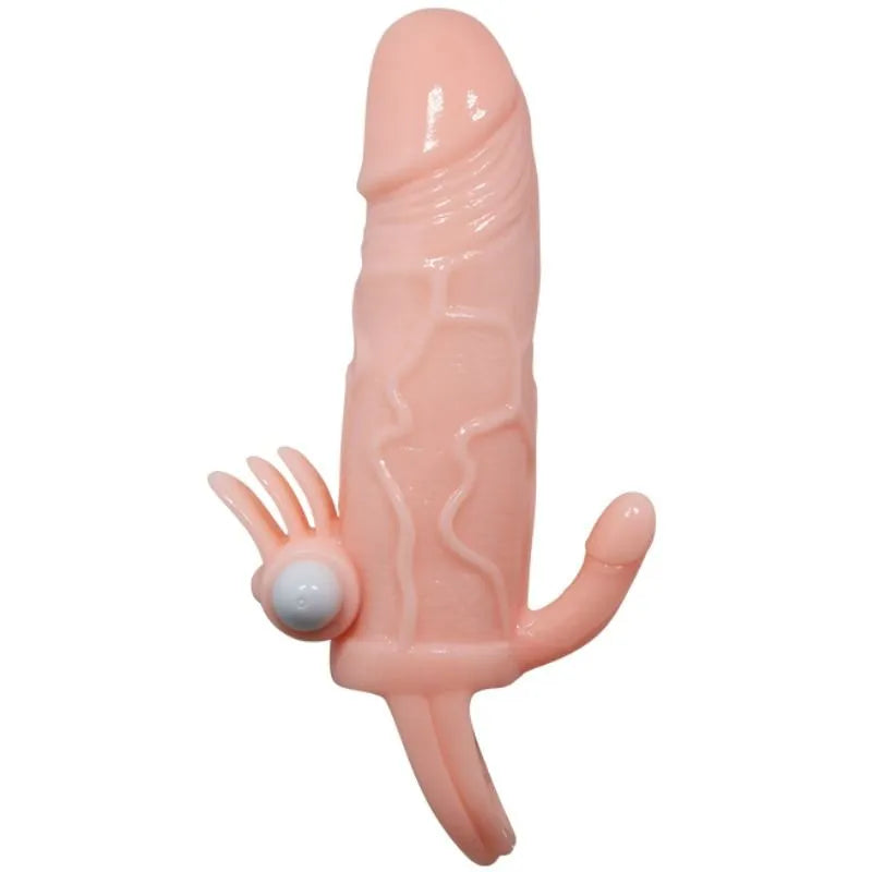 Anneau pénien vibrant en silicone chair avec stimulateur anal intégré, texture réaliste et boules vibrantes, étanche.