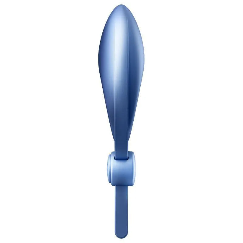 Anneau pénien vibrant bleu en silicone médical avec deux boucles ajustables, design ergonomique pour stimulation partagée.