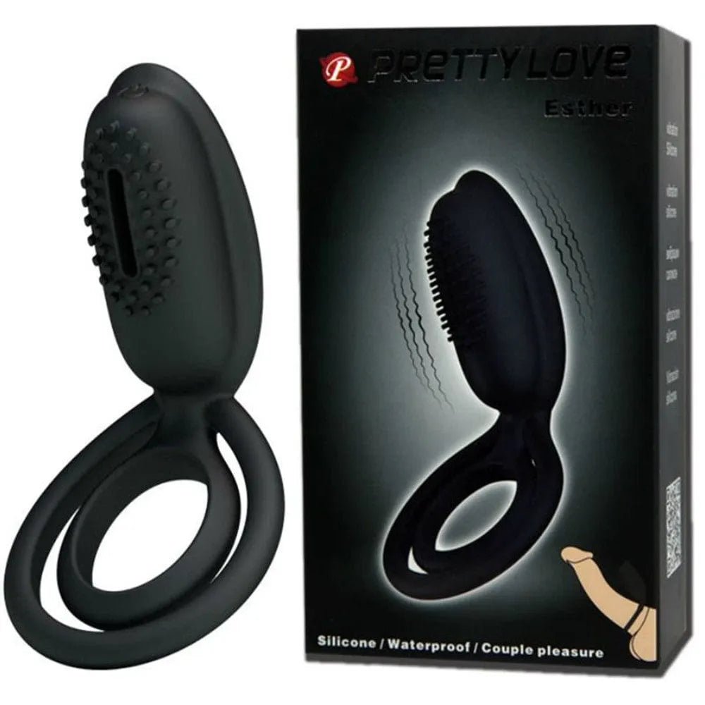 Anneau vibrant noir en silicone avec stimulateur clitoridien, double anneau ergonomique, sur fond blanc avec emballage.
