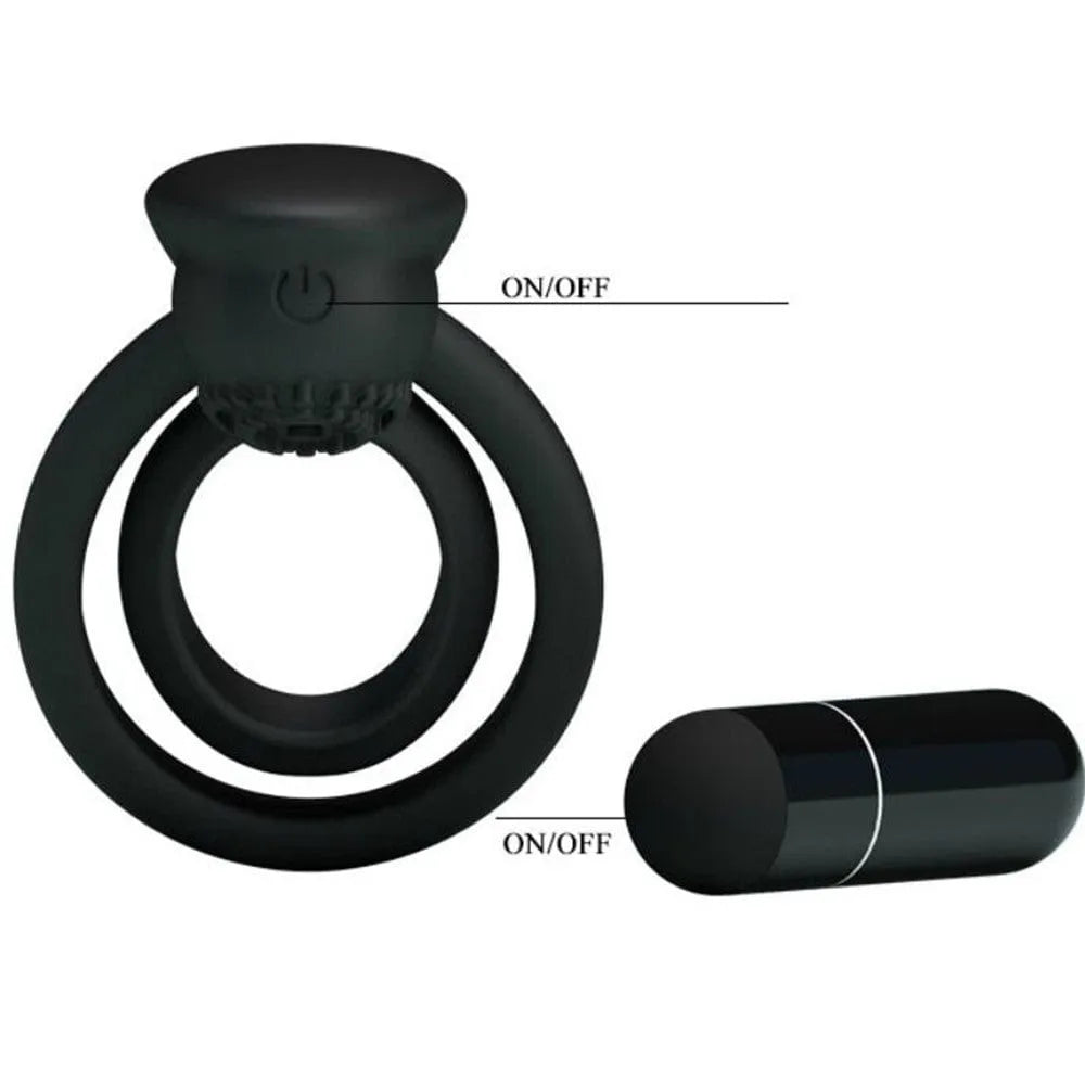 Anneau vibrant noir en silicone avec stimulateur clitoridien, double anneau ergonomique, bouton ON/OFF visible.