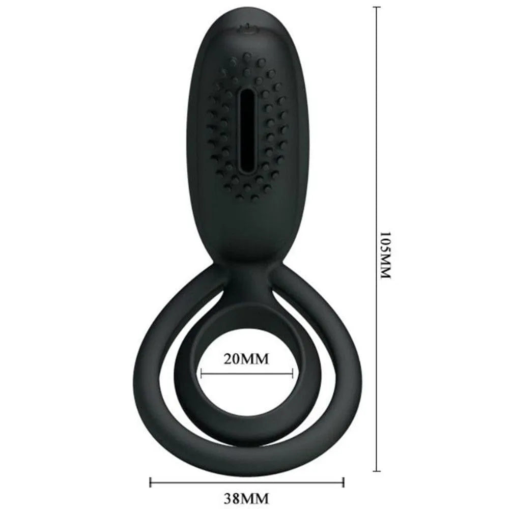 Anneau vibrant noir en silicone avec stimulateur clitoridien, double anneau ergonomique, dimensions 105mm x 38mm.