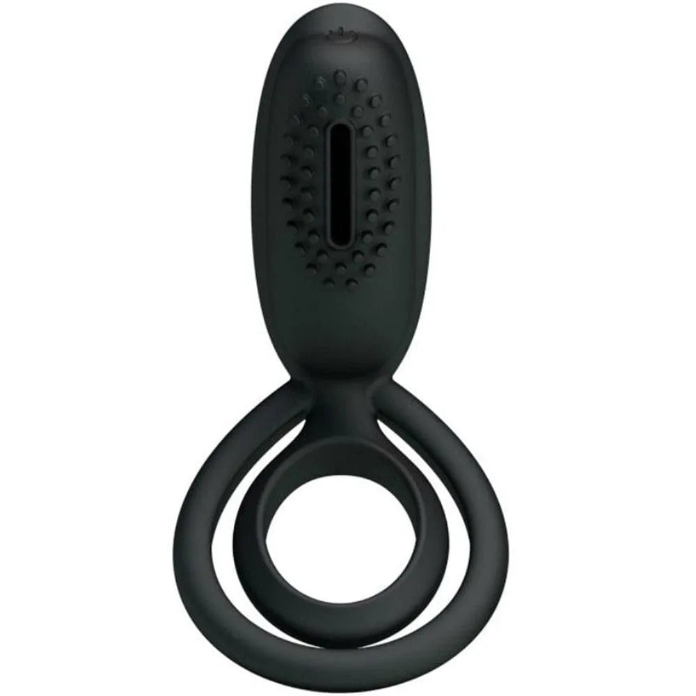 Anneau vibrant noir en silicone avec stimulateur clitoridien, double anneau ergonomique, hypoallergénique, piles incluses.