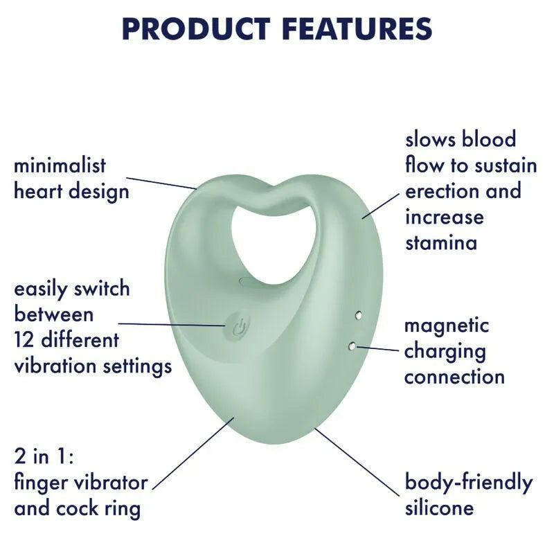 Anneau pénien vibrant vert en silicone biocompatible, design cœur, double stimulateur, étanche, rechargeable, 12 programmes.