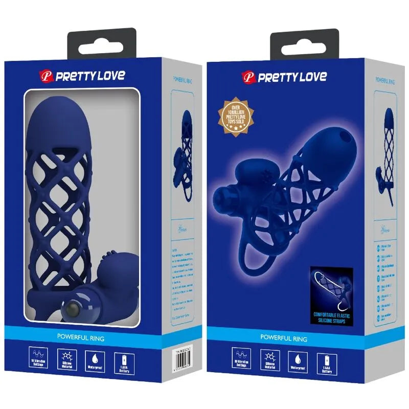 Anneau pénien vibrant bleu en silicone, 10 fonctions, stimulateur clitoridien intégré, design ergonomique.