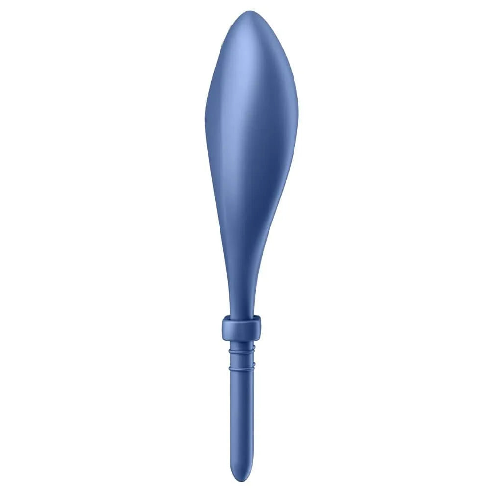 Anneau pénien vibrant bleu en silicone, connecté et réglable, avec application pour stimulation et endurance optimisées.