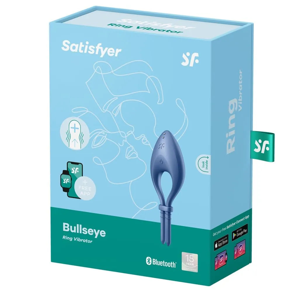 Anneau pénien vibrant bleu Satisfyer, silicone, connecté, étanche, ergonomique, rechargeable, boîte bleue.