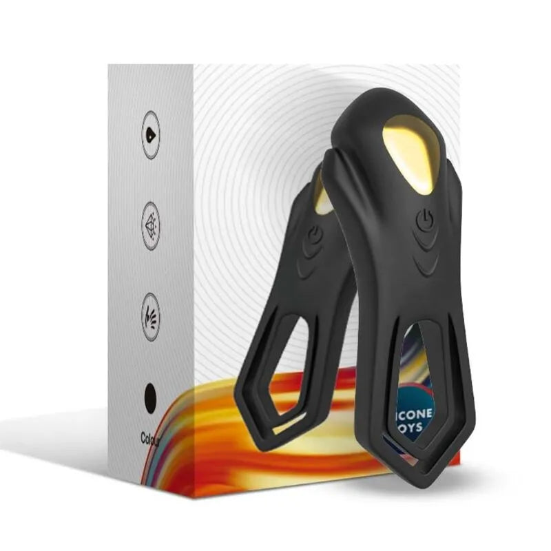 Cockring vibrant noir en silicone médical avec double anneau, sur fond de boîte blanche, 9 modes, étanche et rechargeable.