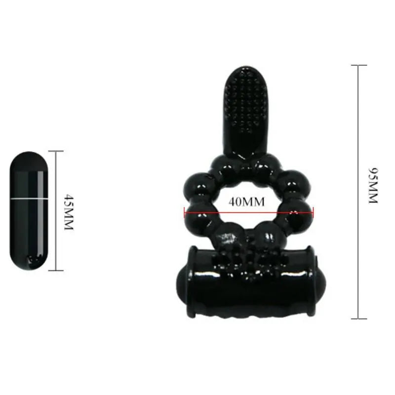 Anneau vibrant noir en silicone avec stimulation clitoridienne, forme ergonomique, étanche, piles incluses.