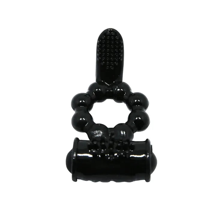 Anneau vibrant noir silicone, forme ergonomique, stimulation clitoridienne, étanche, piles incluses.