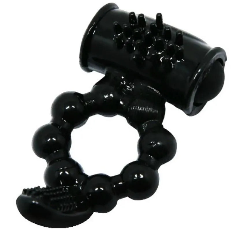 Anneau vibrant noir silicone ergonomique avec stimulation clitoridienne, forme lapin, étanche, piles incluses.