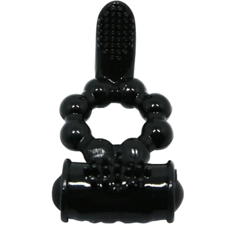 Anneau vibrant noir en silicone avec stimulateur clitoridien, ergonomique, étanche, piles incluses.