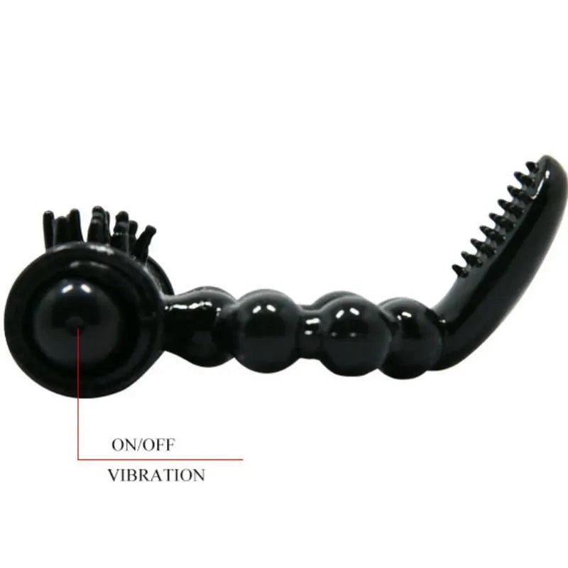 Anneau vibrant noir en silicone avec stimulation clitoridienne, forme ergonomique, étanche, piles incluses.
