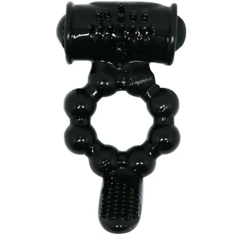 Anneau vibrant noir en silicone avec stimulation clitoridienne, forme ergonomique, étanche et piles incluses.