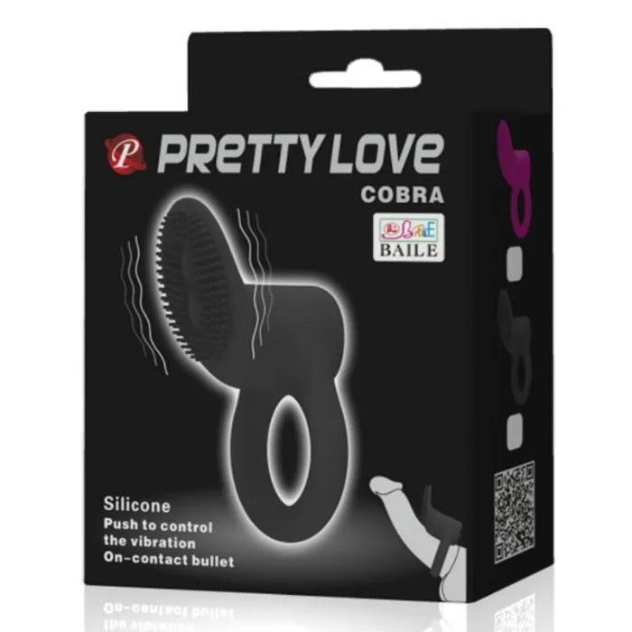 Anneau vibrant noir en silicone médical, ergonomique, avec stimulateur clitoridien intégré, sur fond d'emballage.
