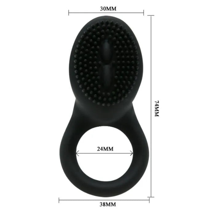 Anneau vibrant noir en silicone médical, forme ergonomique, stimulateur clitoridien intégré, dimensions visibles.