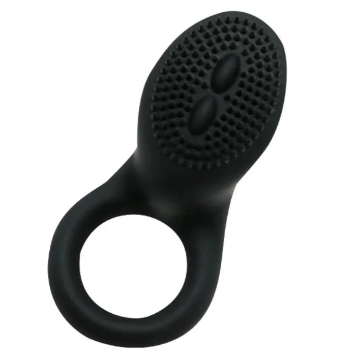 Anneau vibrant noir en silicone médical, ergonomique, avec stimulateur clitoridien intégré et texture stimulante.
