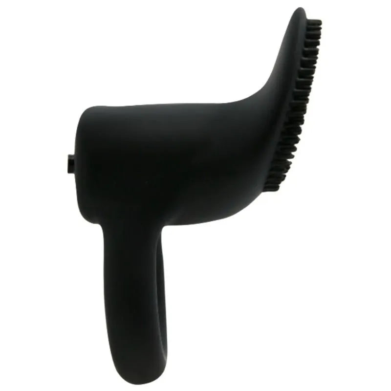 Anneau vibrant noir en silicone médical, forme ergonomique, stimulateur clitoridien intégré, discret et ajustable.