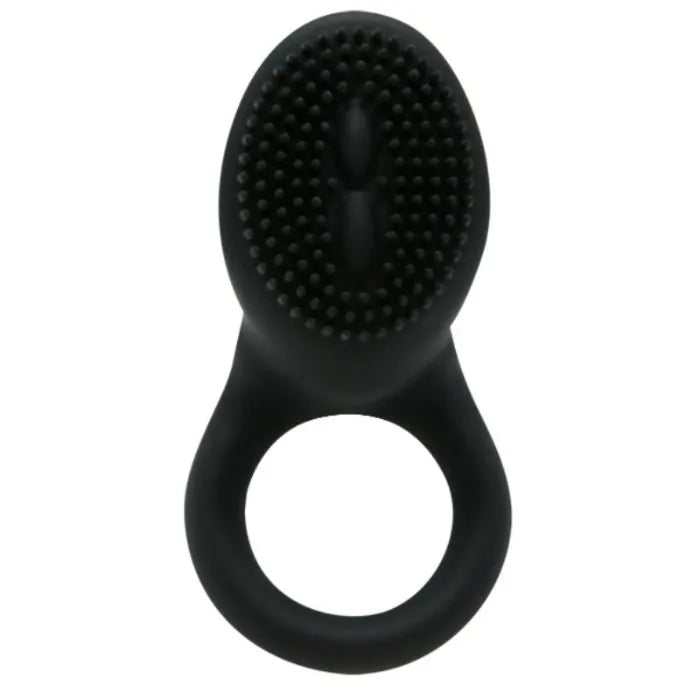 Anneau vibrant noir en silicone médical avec stimulateur clitoridien intégré, ergonomique et ajustable.