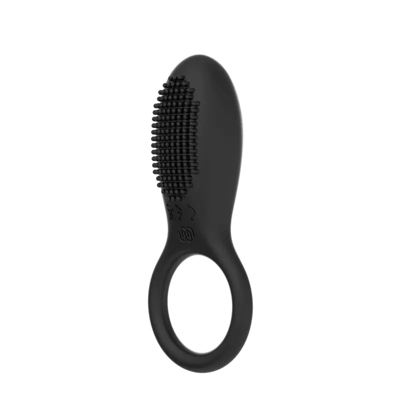 Anneau pénien vibrant noir en silicone avec texture stimulante, rechargeable USB, télécommande sans fil incluse.