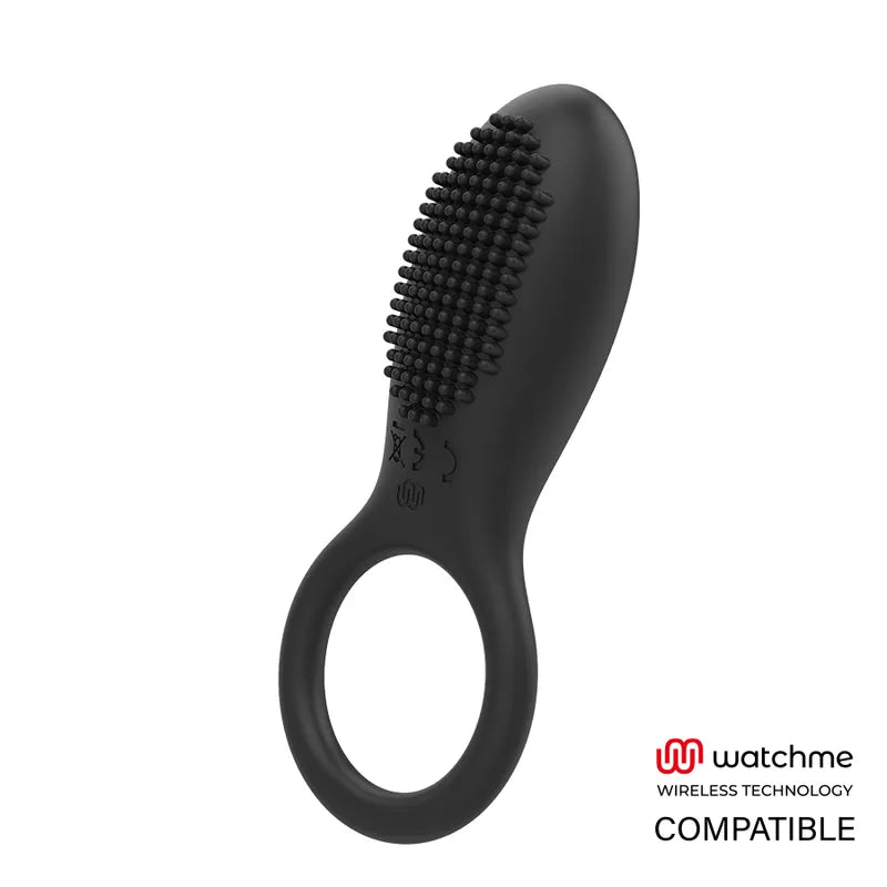 Anneau pénien vibrant noir en silicone avec texture stimulante, rechargeable USB, compatible Watchme, étanche.