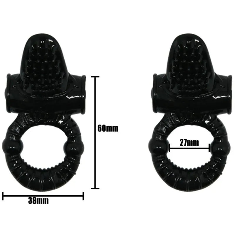Anneau vibrant noir en silicone avec lapin intégré, stimulation clitoridienne, dimensions visibles, ergonomique et étanche.