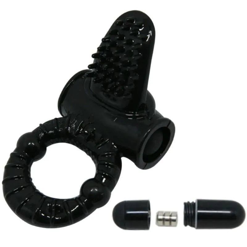Anneau vibrant noir en silicone avec lapin intégré et bille vibrante, stimulation clitoridienne pour couples, étanche.