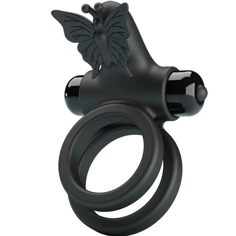 Anneau vibrant noir en silicone avec papillon, ergonomique, rechargeable, pour stimulation pénienne et testiculaire.