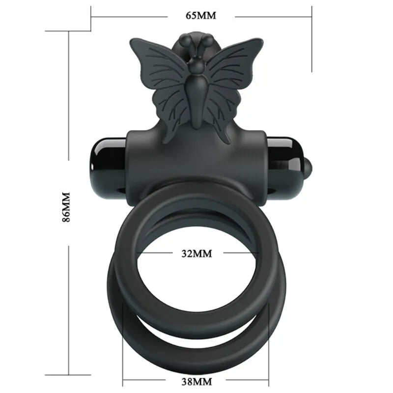 Anneau vibrant noir en silicone avec papillon, double anneau, rechargeable, étanche, pour stimulation pénienne et testicul...