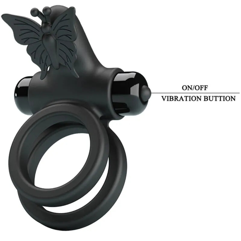 Anneau vibrant noir en silicone avec papillon, double anneau, bouton on/off, pour stimulation pénienne et testiculaire.