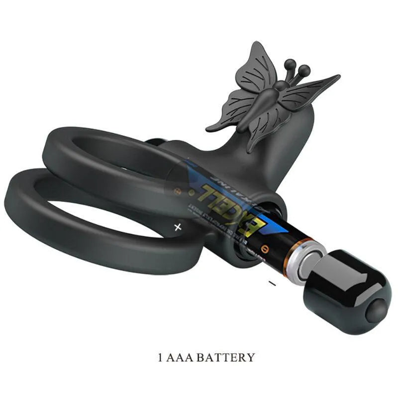 Anneau vibrant noir en silicone avec papillon, ergonomique, rechargeable, dix modes de vibration pour couples.