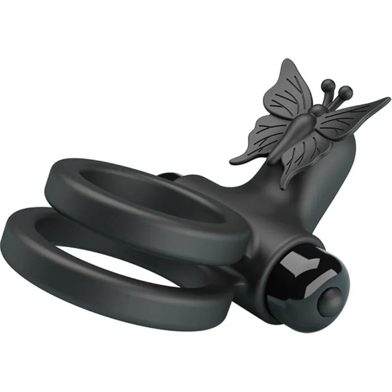 Anneau vibrant noir en silicone avec papillon, ergonomique, rechargeable, pour stimulation pénienne et testiculaire.