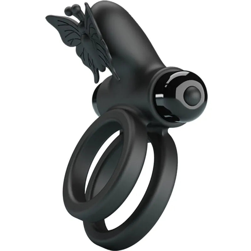Anneau vibrant noir en silicone avec papillon, ergonomique, rechargeable, dix modes de vibration pour couples.