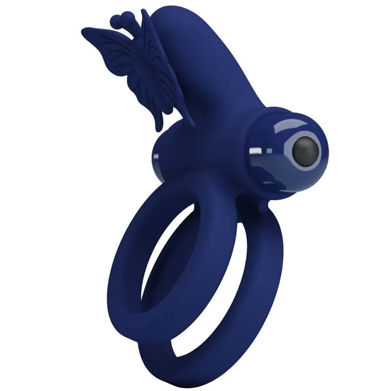 Anneau vibrant bleu en silicone avec papillon, ergonomique, 10 vibrations, pour stimulation et maintien érection.