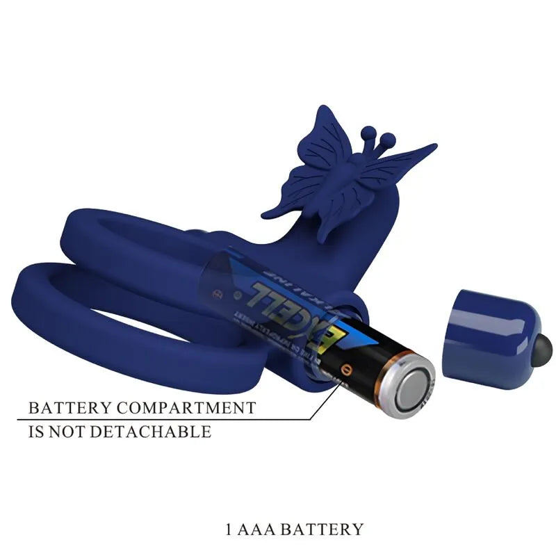Anneau vibrant bleu en silicone ergonomique avec papillon, 10 vibrations, pour stimulation et maintien érection, portable.